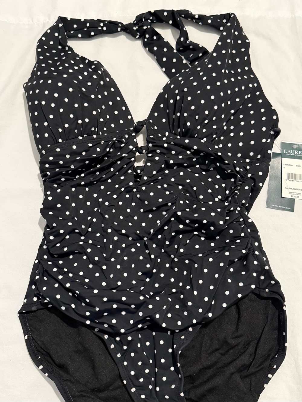 Lauren Ralph Lauren Black & White Polka Dot Halter One-Piece Swimsuit - Picture 4 of 5